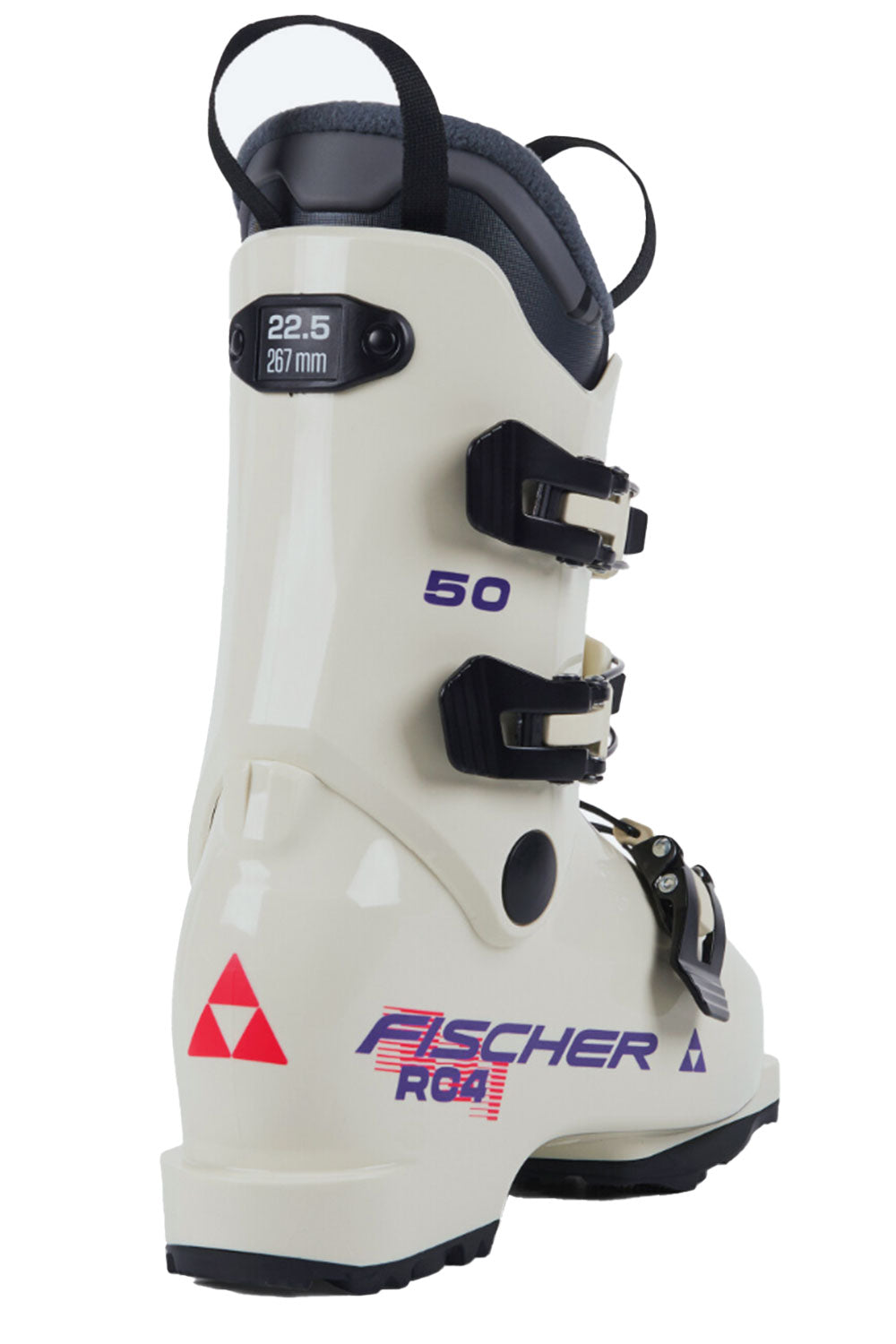 White ski boot with black accents and Fischer branding on a white background
