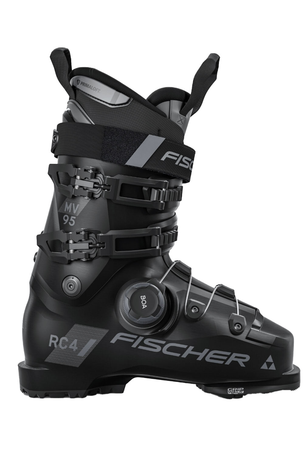 Black Fischer ski boot on a white background