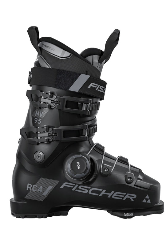 Black Fischer ski boot on a white background