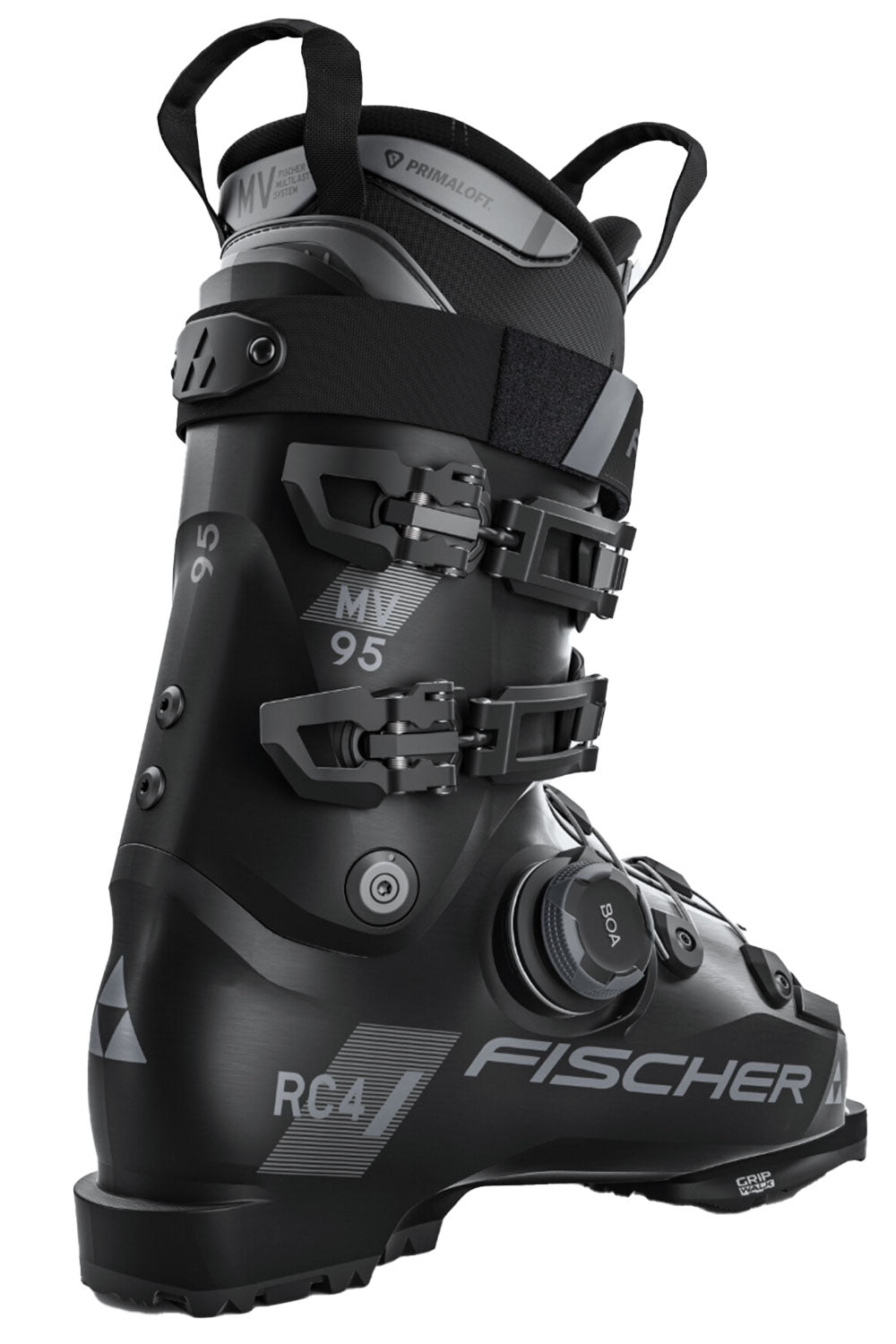Black Fischer ski boot on a white background
