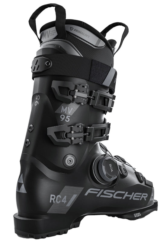 Black Fischer ski boot on a white background