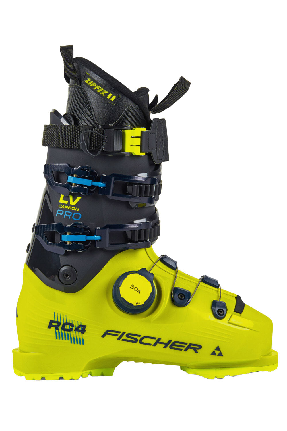 Yellow and black Fischer ski boot on a white background