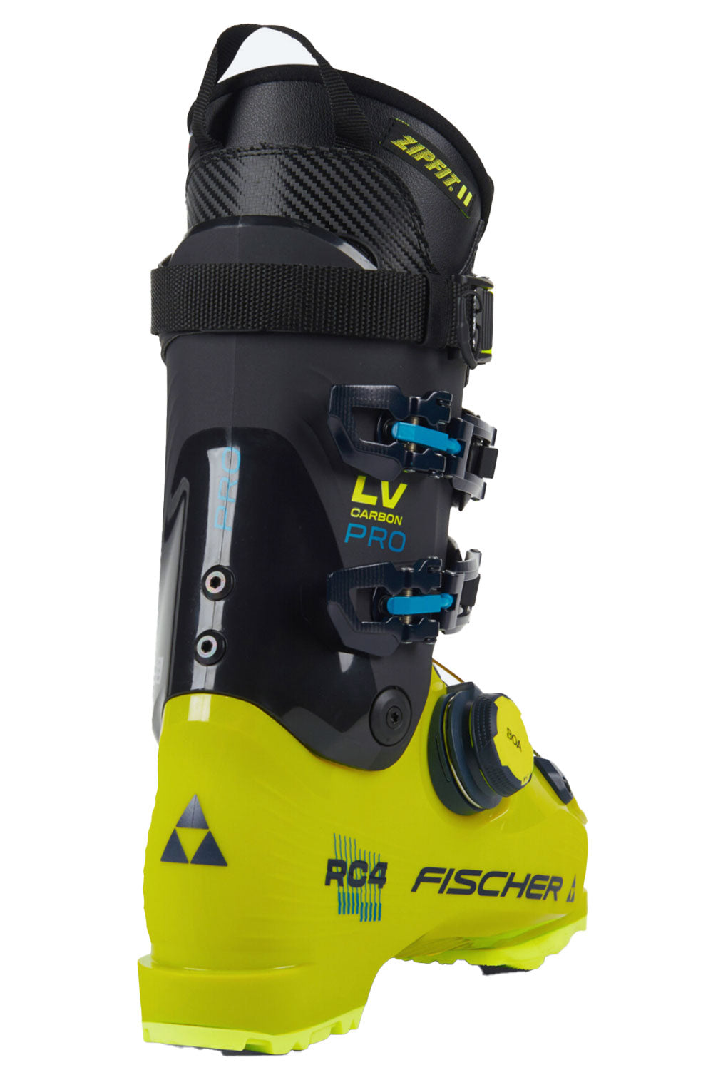 Black and yellow Fischer ski boot on a white background