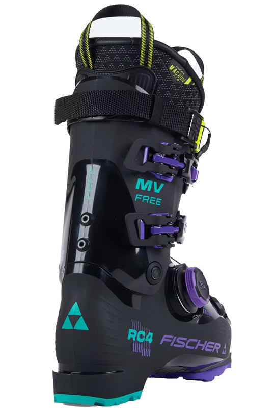 Black ski boot with purple and teal accents on a white background
