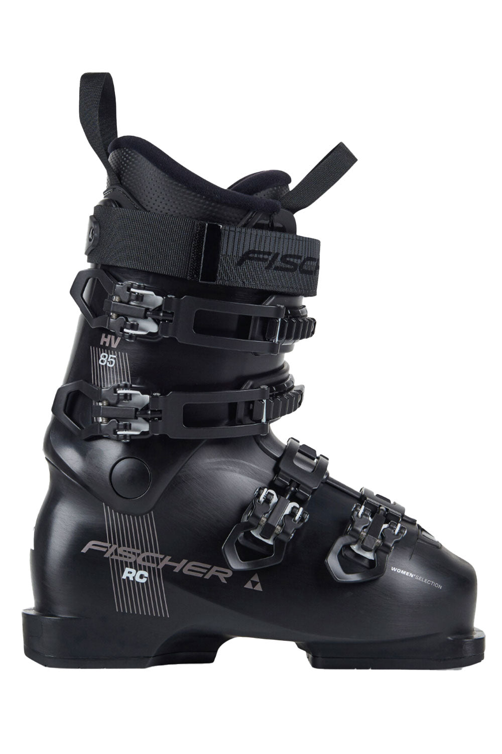 Black ski boot with Fischer branding on a white background
