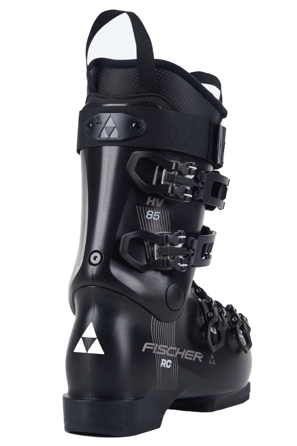 Black ski boot with Fischer branding on a white background