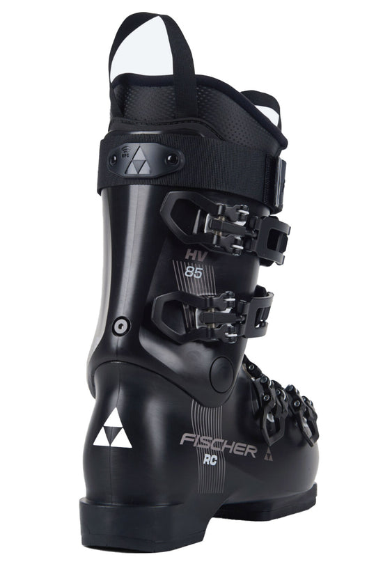 Black ski boot with Fischer branding on a white background