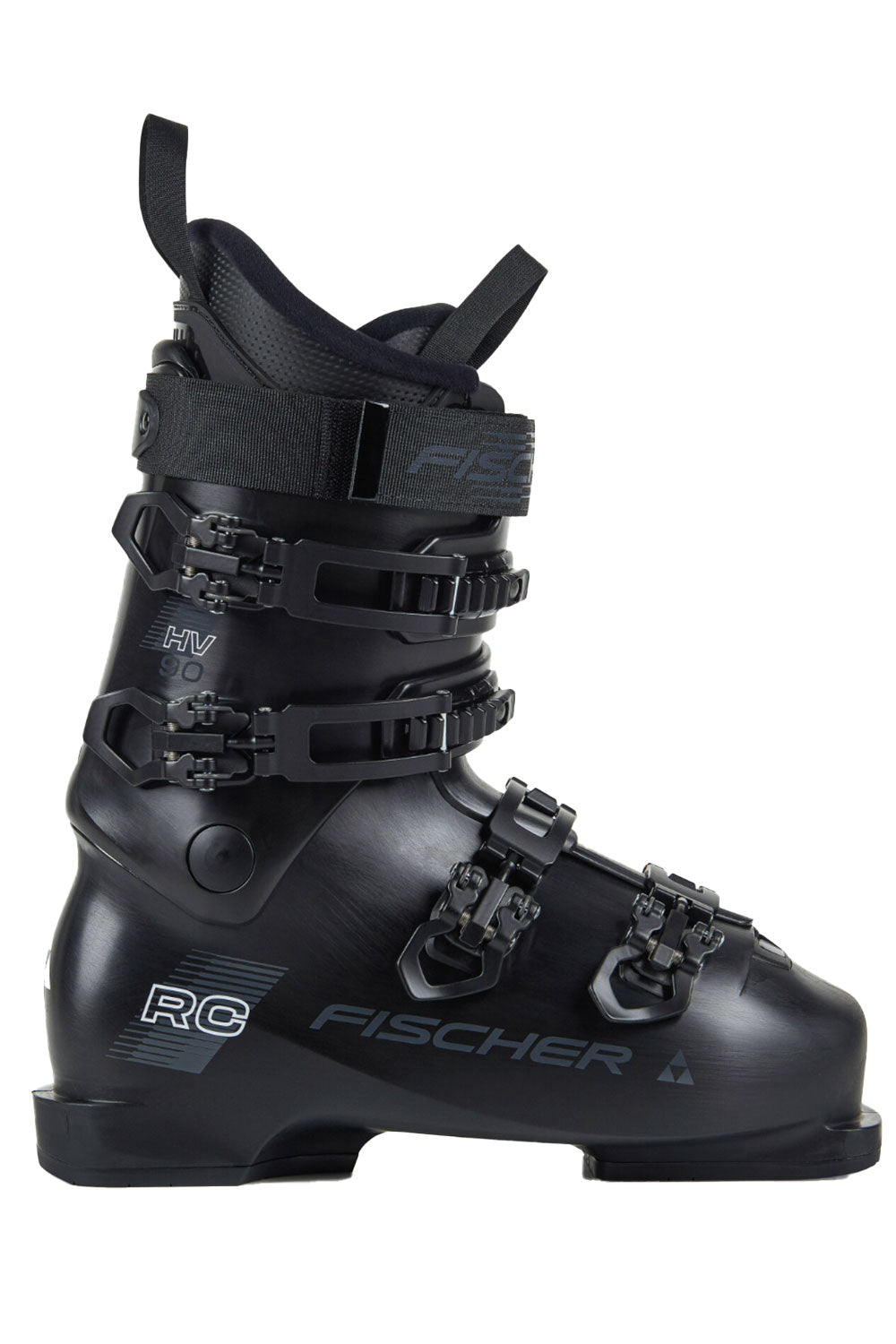 Black Fischer ski boot on a white background