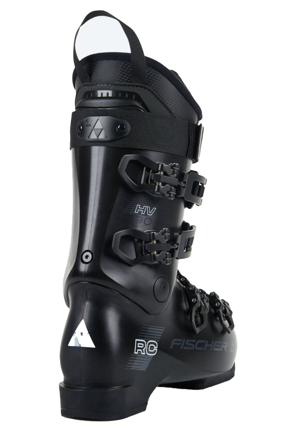 Black ski boot with visible branding on a white background