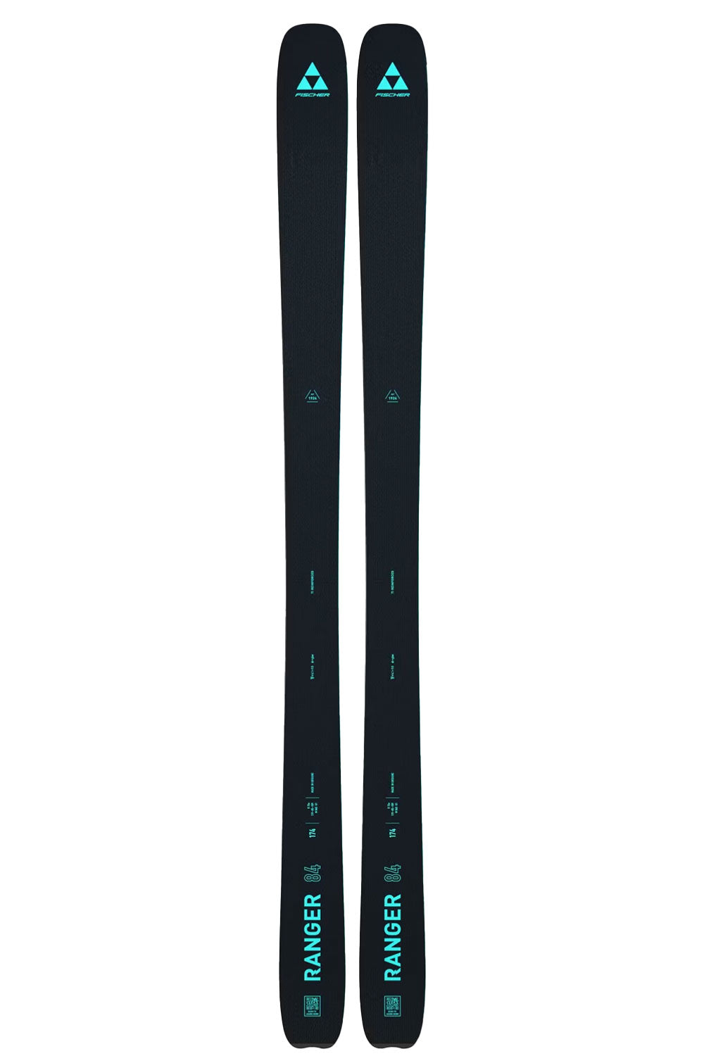 Pair of black skis with teal accents with 'Ranger' branding on a white background