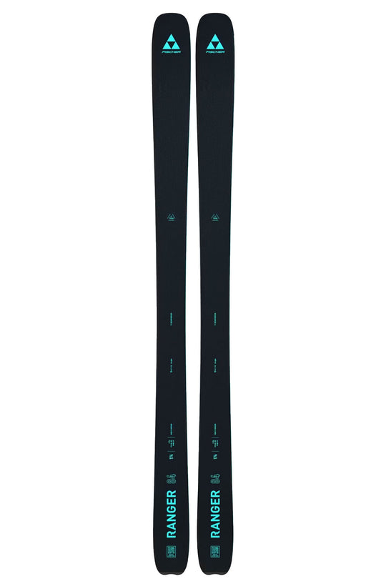 Pair of black skis with teal accents with 'Ranger' branding on a white background