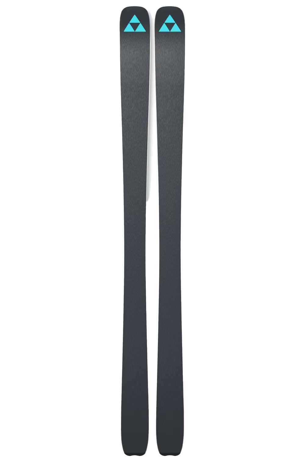 Two black skis with blue triangle logo on a white background