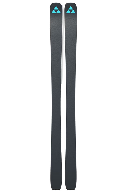Two black skis with blue triangle logo on a white background