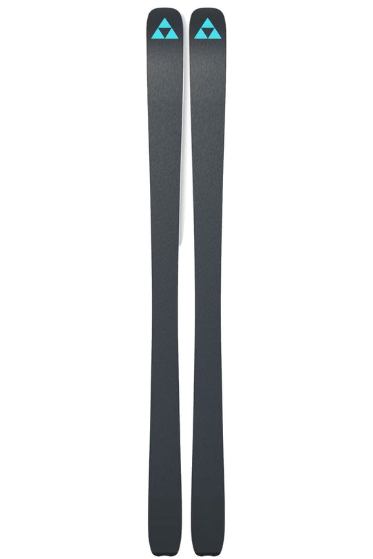 Two black skis with blue triangle logo on a white background