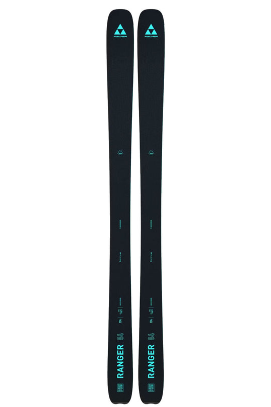 Pair of black skis with teal accents with 'Ranger' branding on a white background