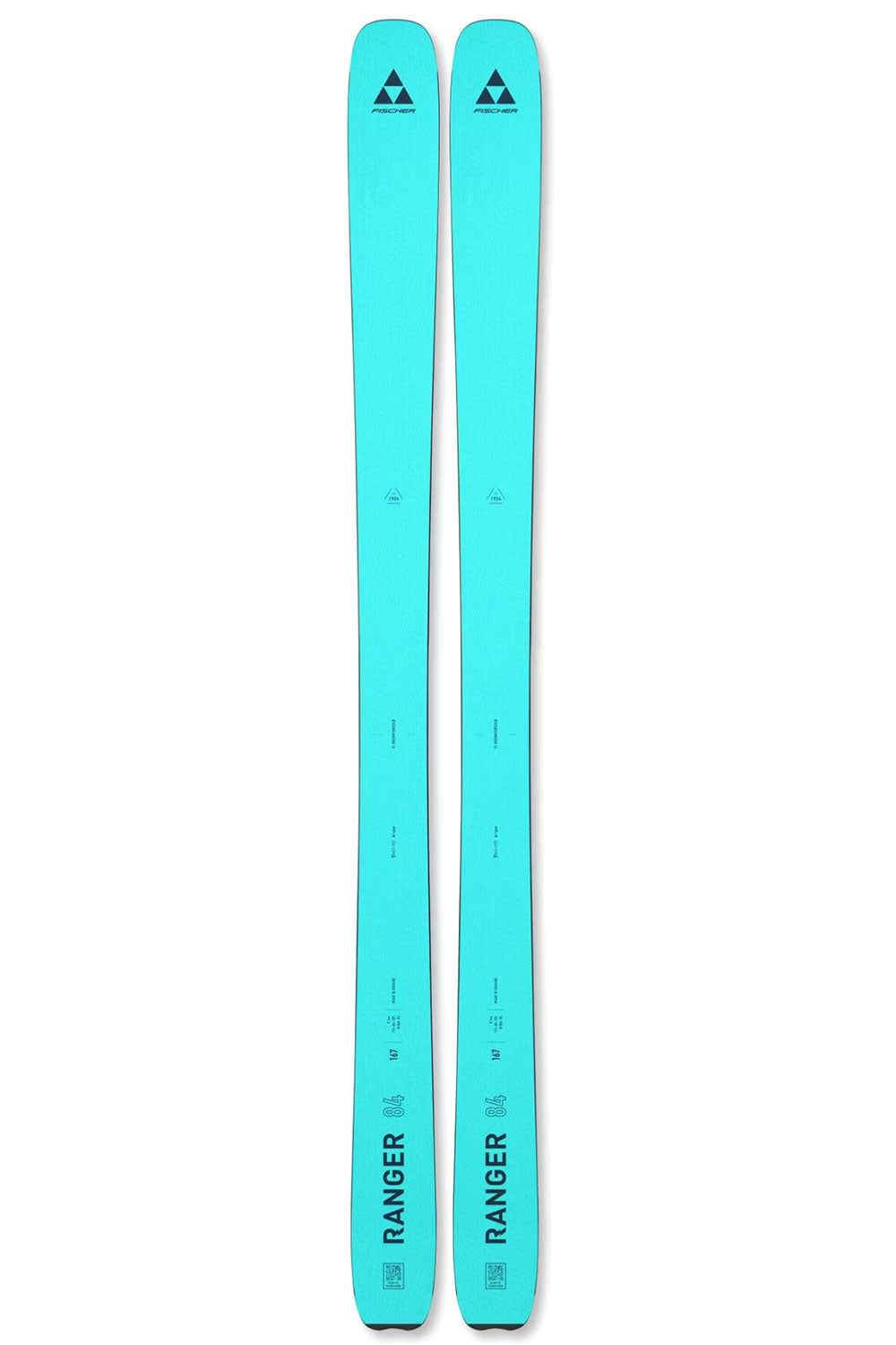Pair of turquoise skis with 'Ranger' branding on a white background