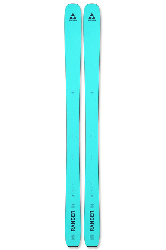 Pair of turquoise skis with 'Ranger' branding on a white background