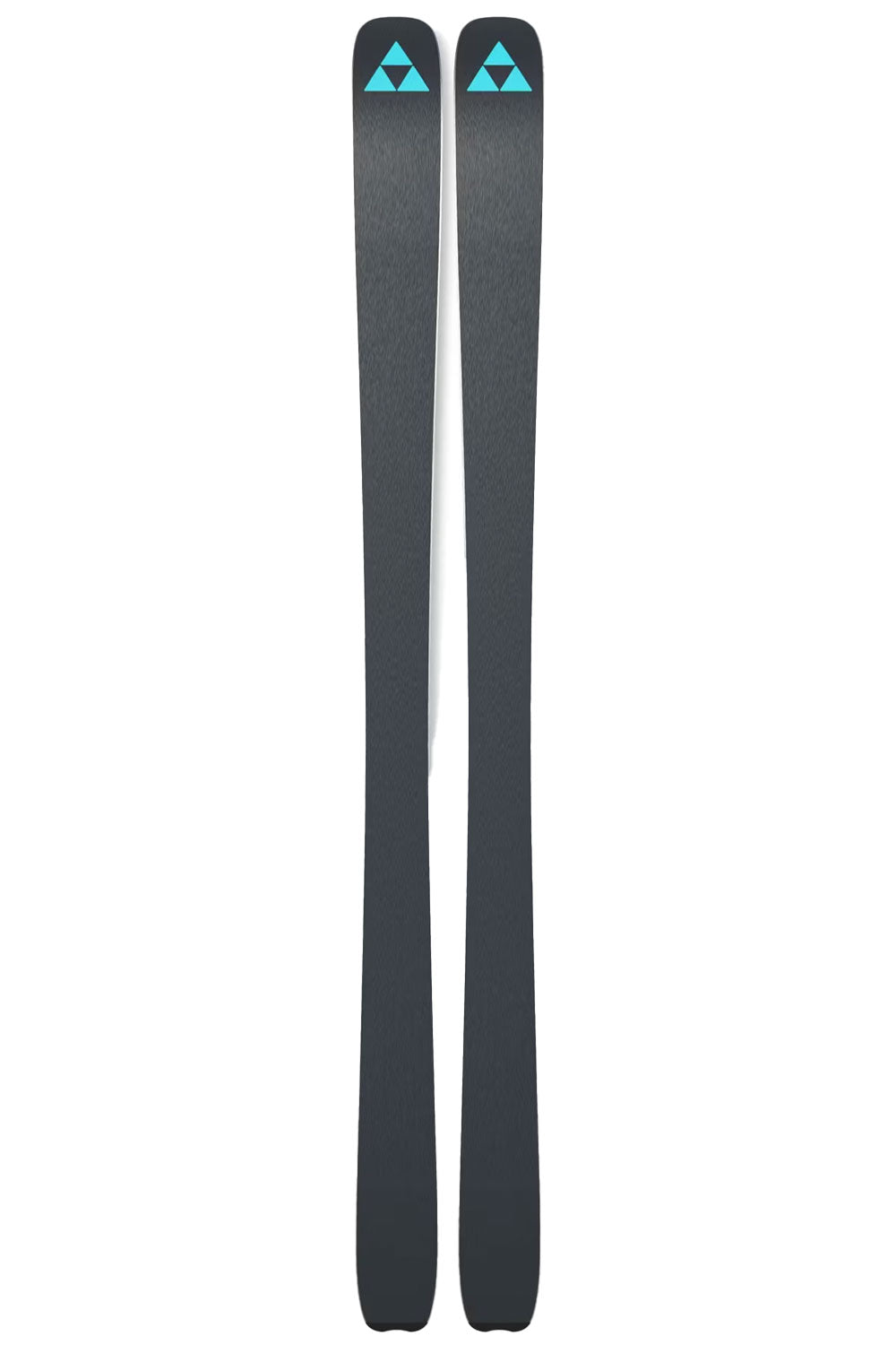 Two black skis with blue triangle logo on a white background