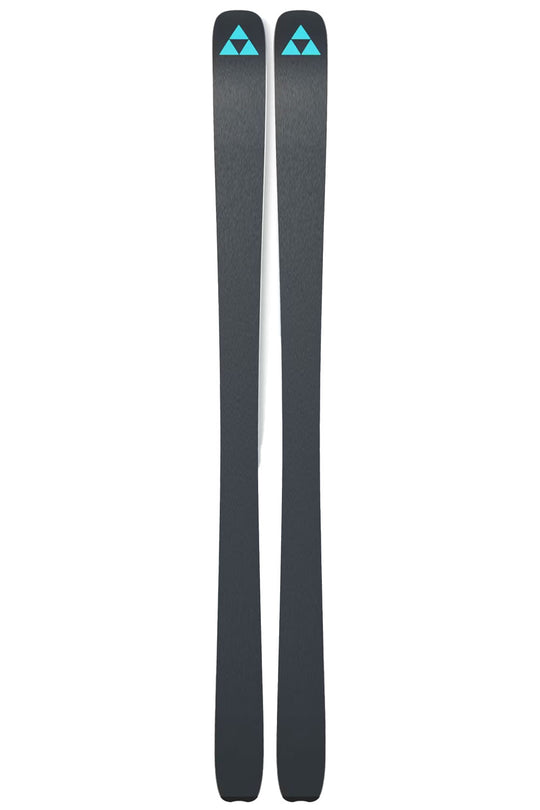 Two black skis with blue triangle logo on a white background