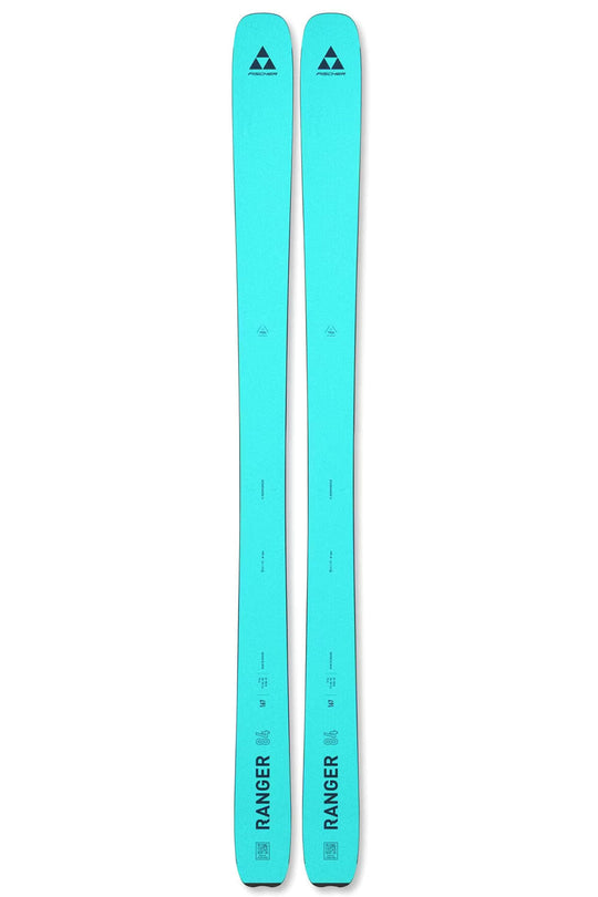 Pair of turquoise skis with 'Ranger' branding on a white background