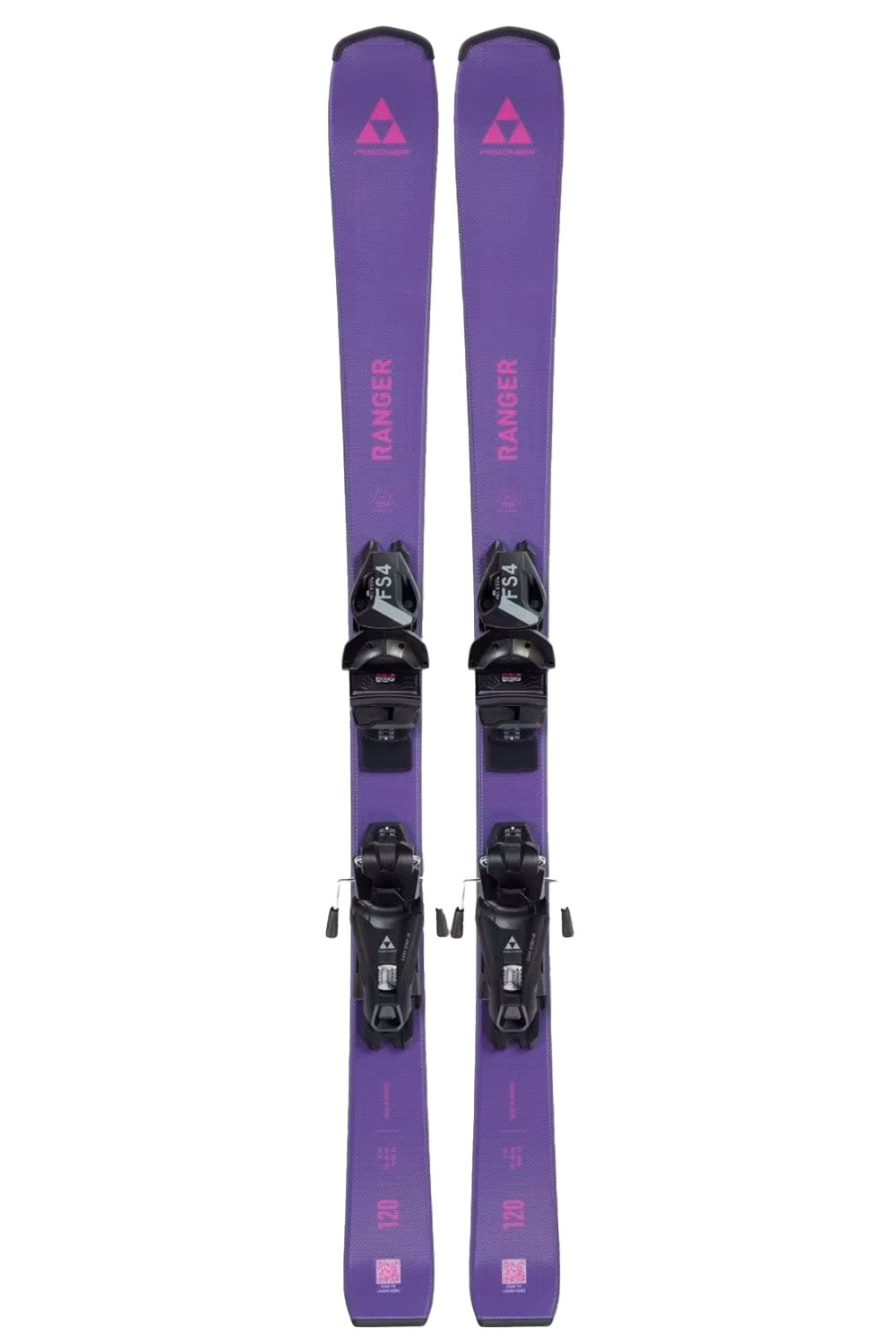 Purple skis with black bindings on a white background
