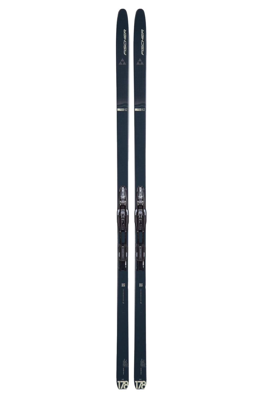 Pair of black cross country skis with bindings on a white background