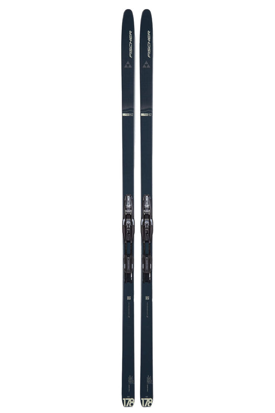 Pair of black cross country skis with bindings on a white background