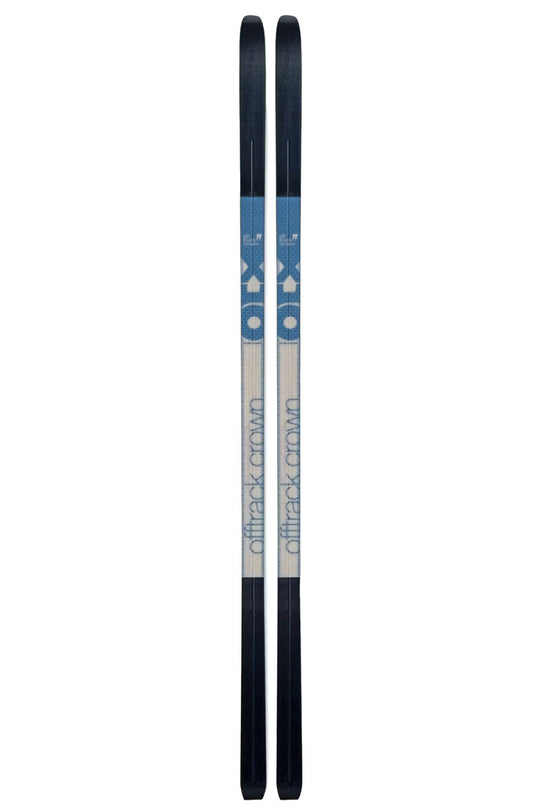 Pair of skis with a blue and black design on a white background