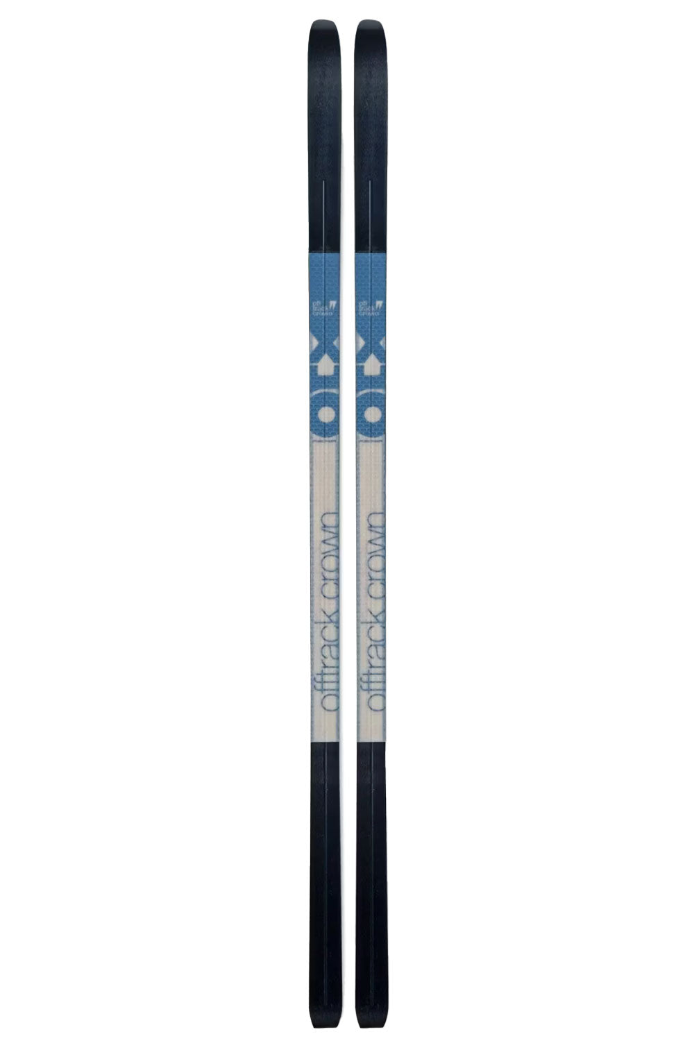Pair of skis with a blue and black design on a white background
