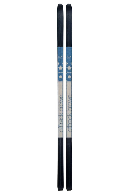Pair of skis with a blue and black design on a white background
