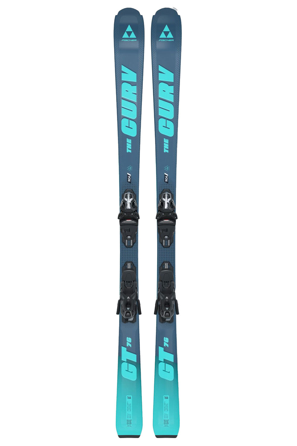 Pair of blue and green skis with bindings on a white background