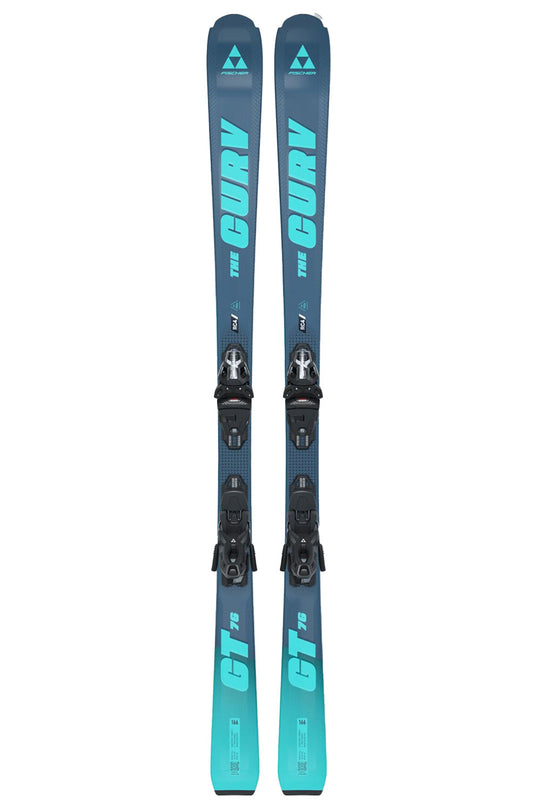 Pair of blue and green skis with bindings on a white background