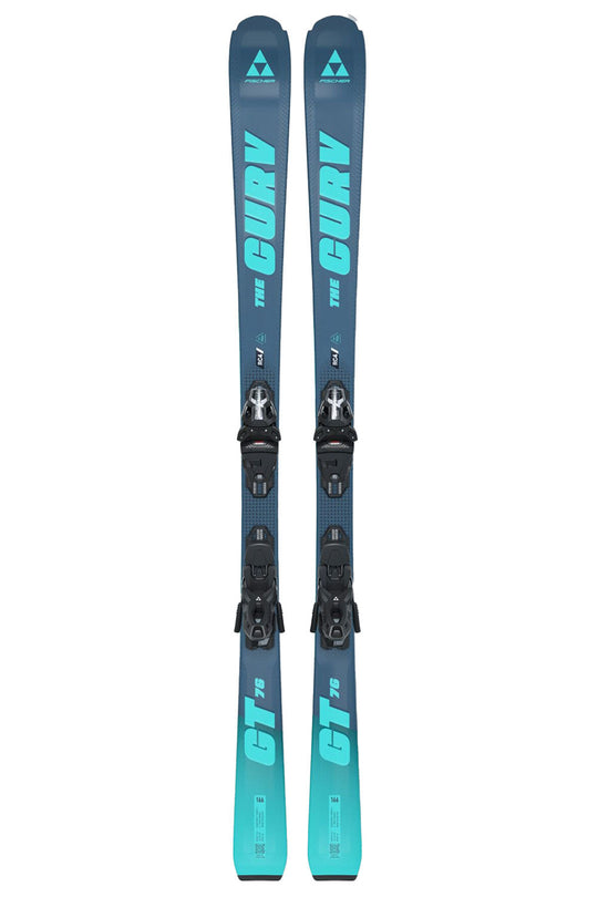 Pair of blue and green skis with bindings on a white background