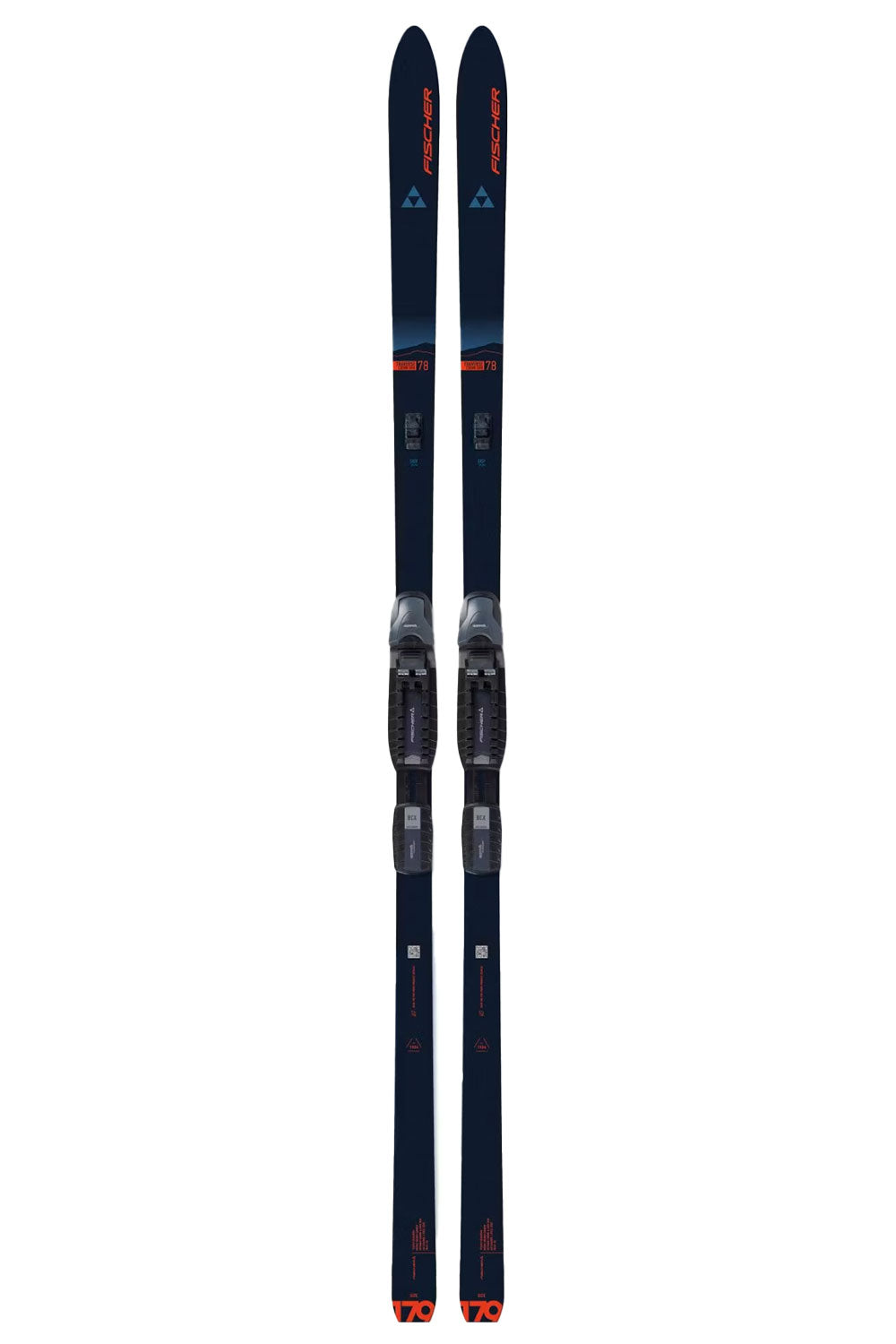 Two black skis with orange and white branding on a white background