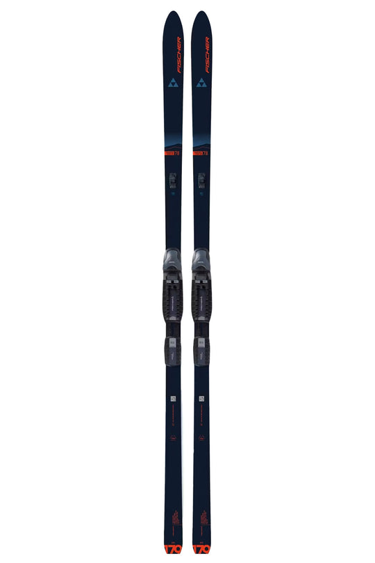 Two black skis with orange and white branding on a white background