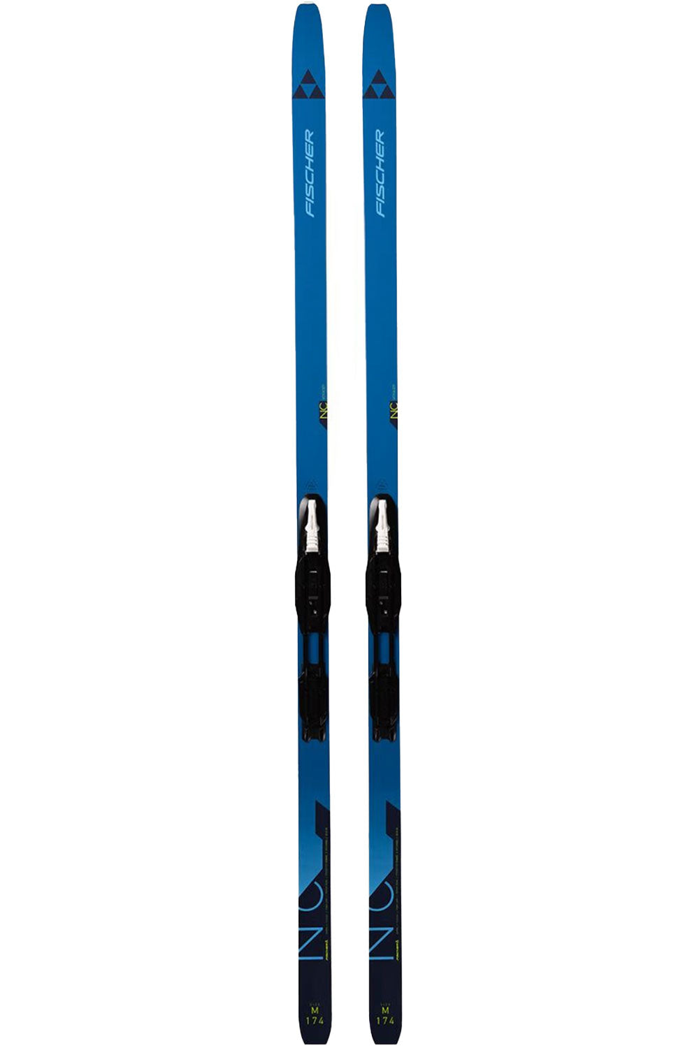 Pair of blue cross country skis with bindings on a white background