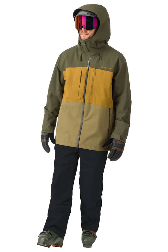 Person wearing a two-tone jacket with green and brown colors on a white background