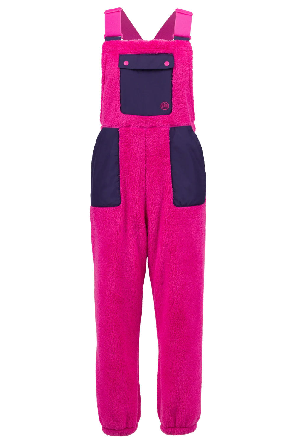 Pink bib overalls with navy accents on a white background