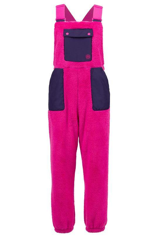 Pink bib overalls with navy accents on a white background