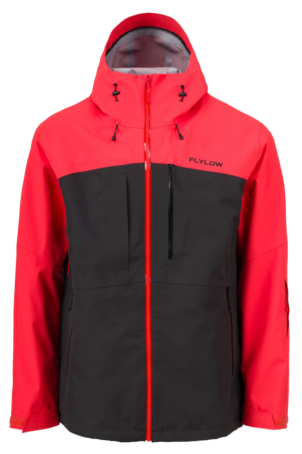 Red and black jacket with 'Flylow' branding on a white background
