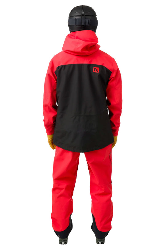 Person wearing a red and black ski jacket on a white background