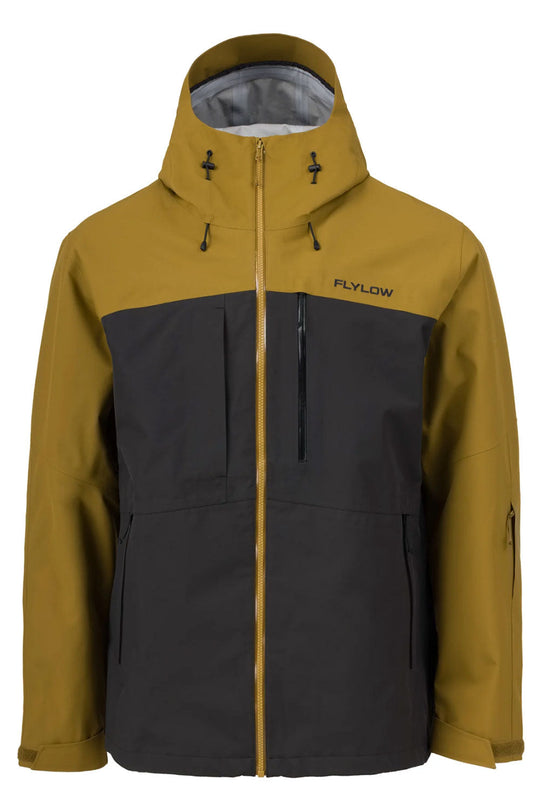 Two-tone yellow and black jacket with 'Flylow' branding on a white background