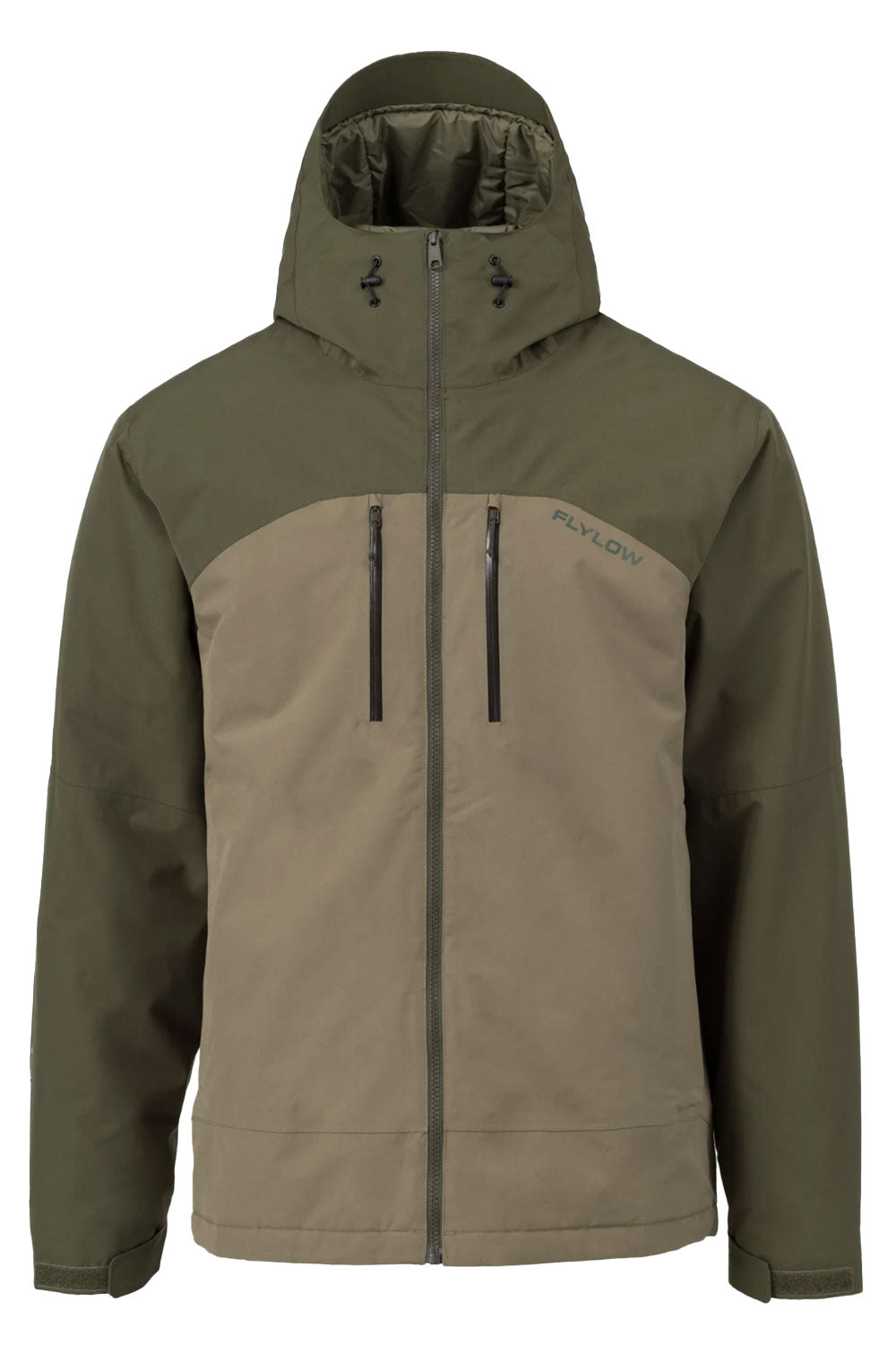 Green and brown jacket with a hood on a white background