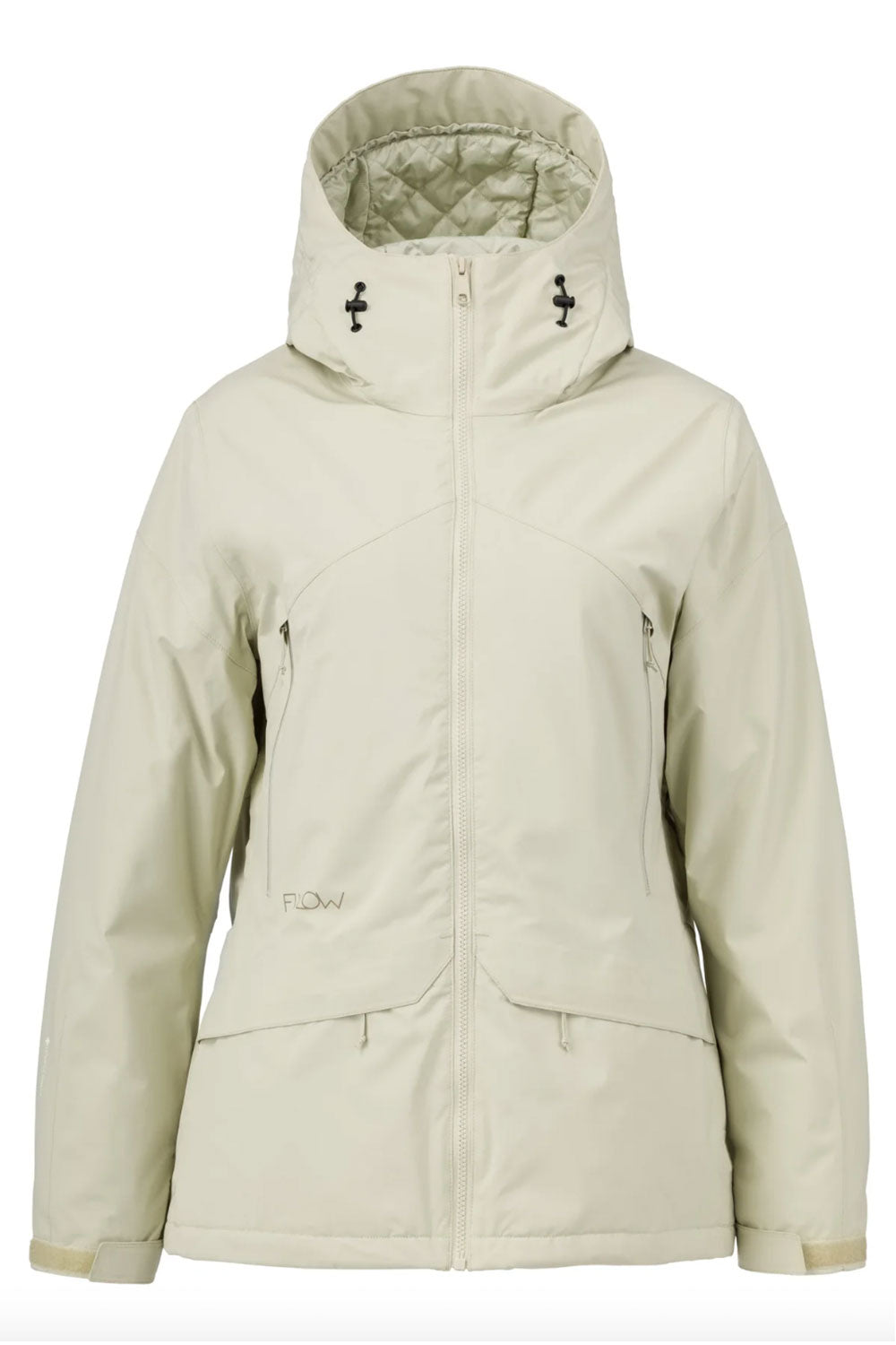 light green winter jacket with a hood on a white background