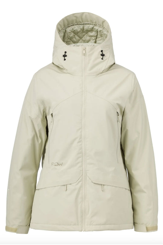 light green winter jacket with a hood on a white background