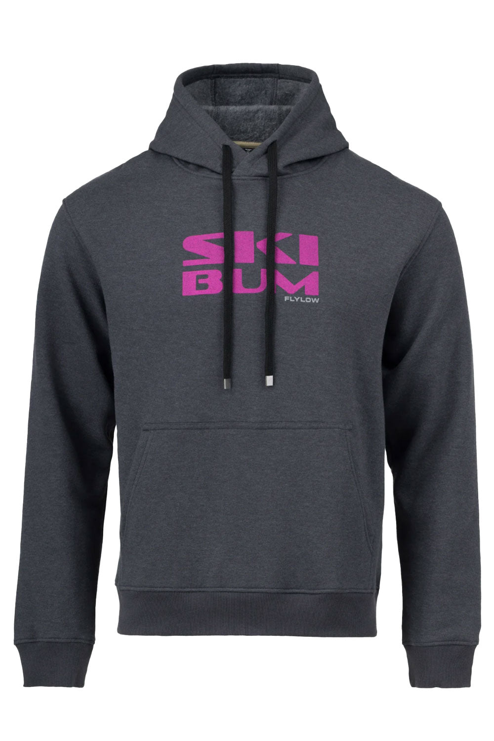 Gray hoodie with pink 'Ski Bum' text on a white background