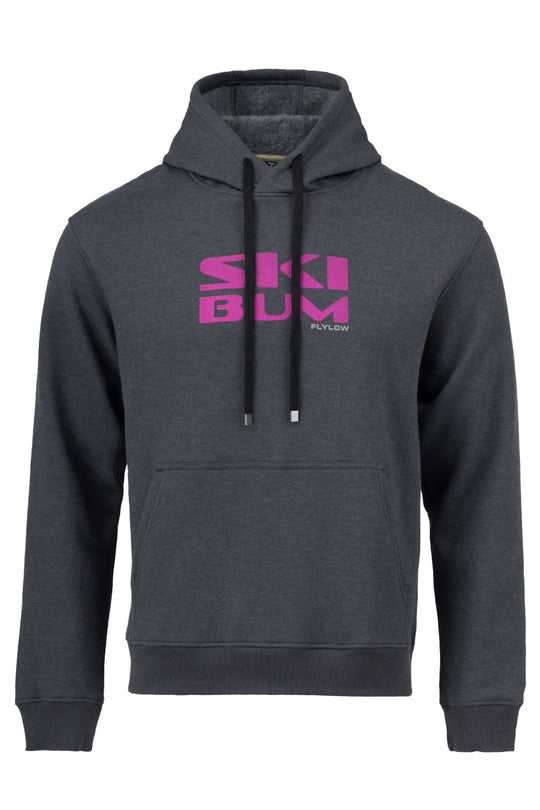 Gray hoodie with pink 'Ski Bum' text on a white background