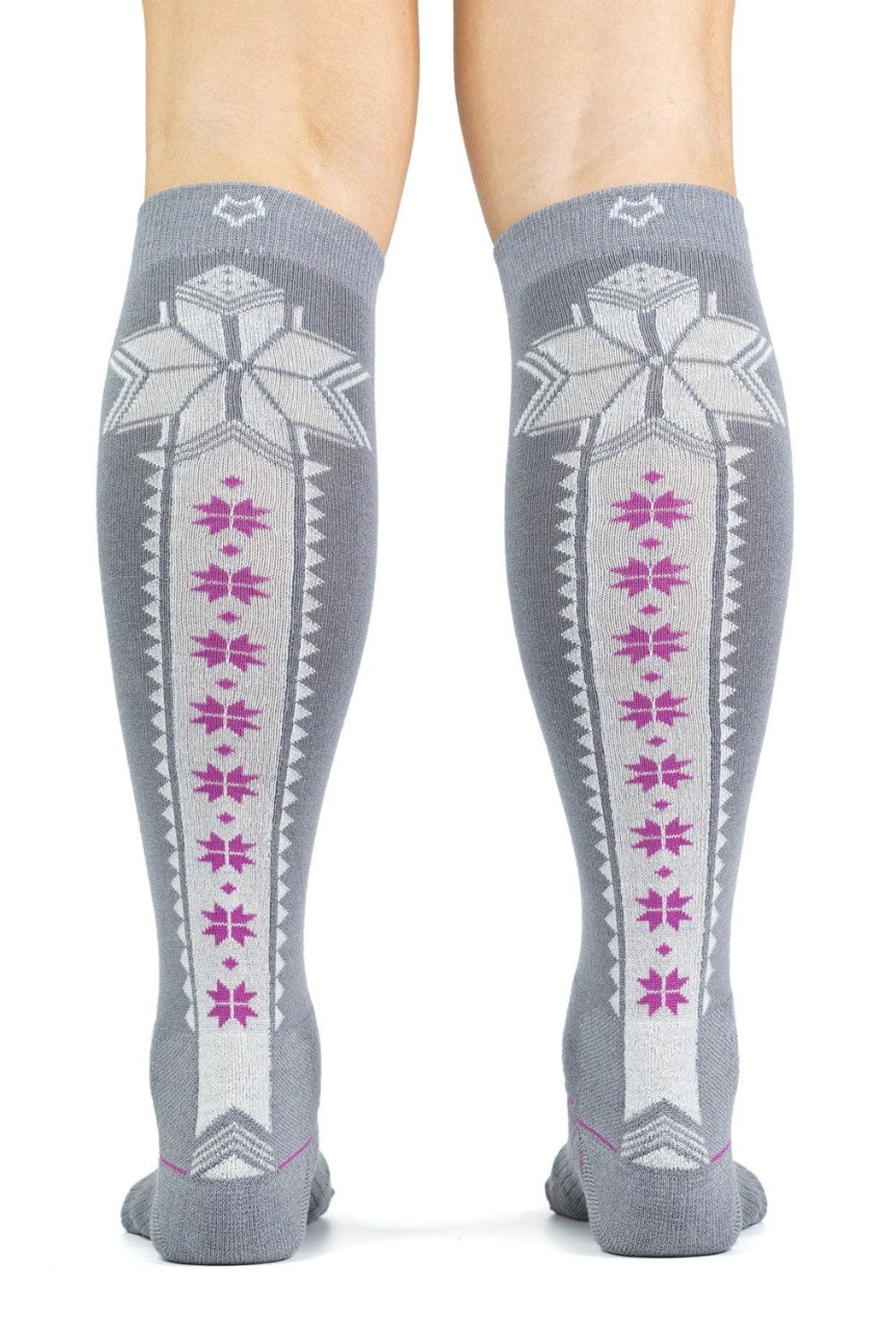 grey ski socks with white and pink snowflake pattern