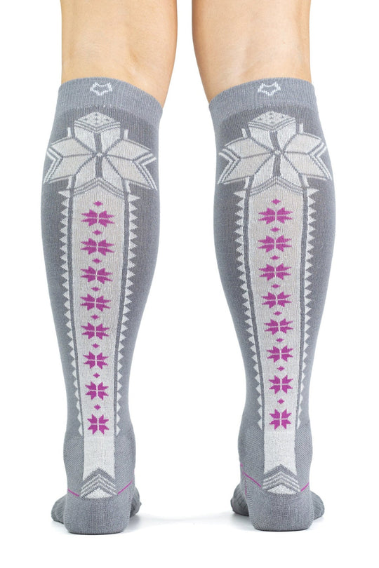 grey ski socks with white and pink snowflake pattern