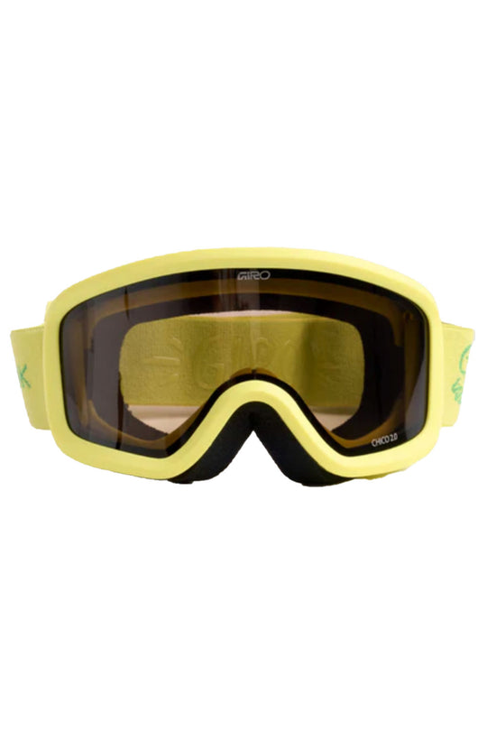 Yellow goggles with a dark lens on a white background